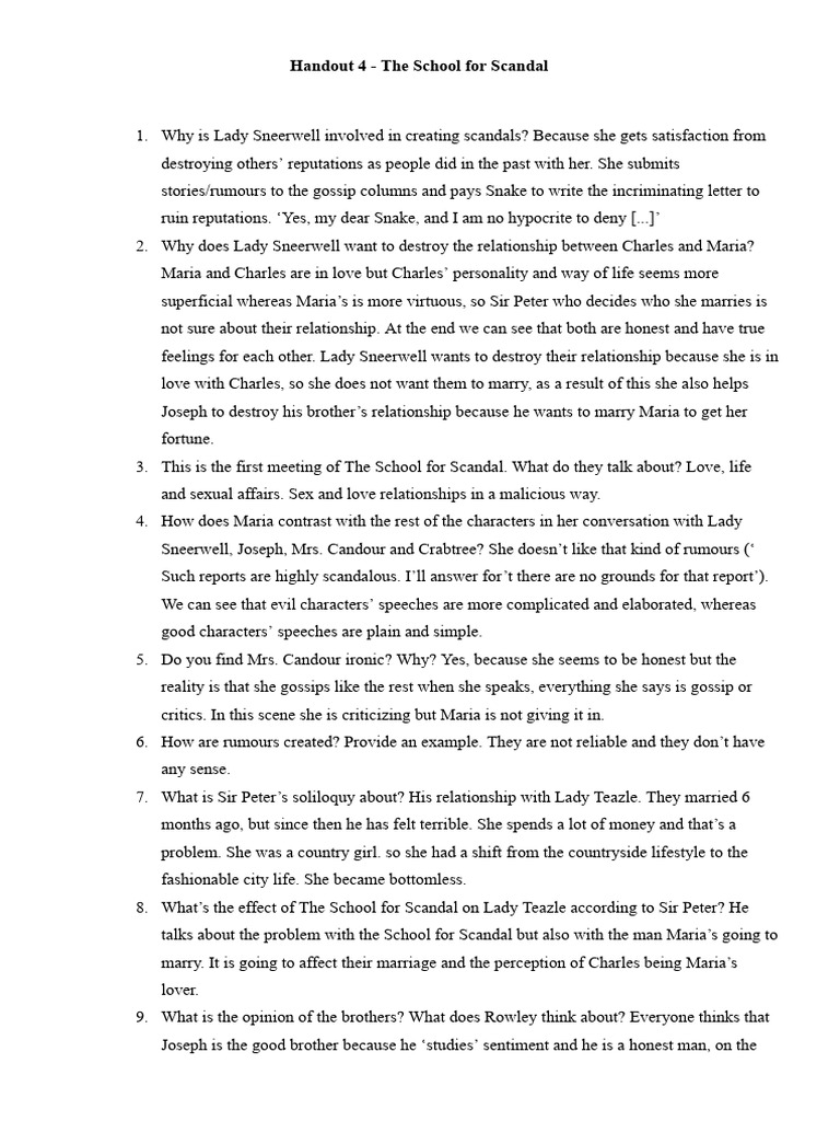 Lady Sneerwell's Scandals in The School for Scandal | PDF