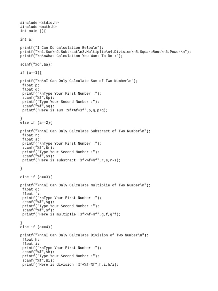C Program for Basic Calculations | PDF