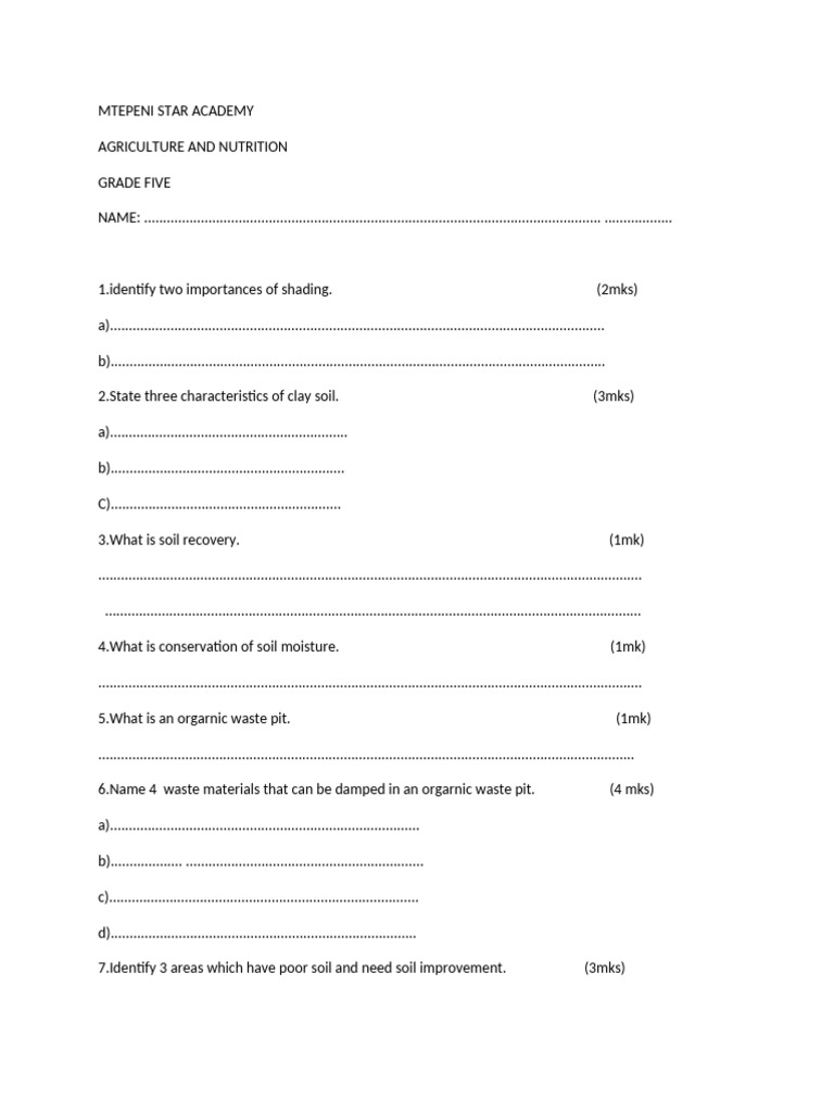 Grade 5 Agriculture and Nutrition Quiz | PDF | Mulch | Agriculture