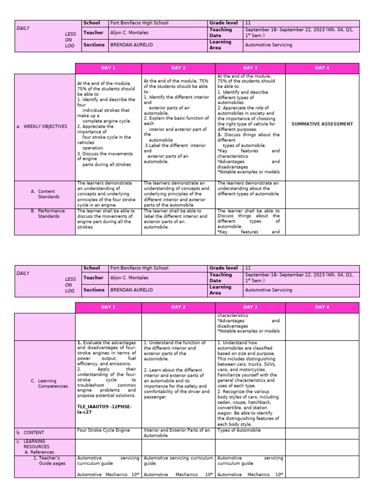 Automotive Servicing Lesson Plan | PDF | Engines | Internal Combustion ...