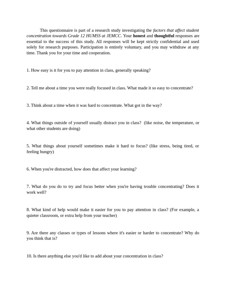 Grade 12 Concentration Questionnaire | PDF
