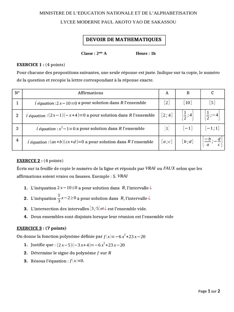 Devoir de Maths 2nde A - Exercices Corrigés | PDF | Mathématiques ...