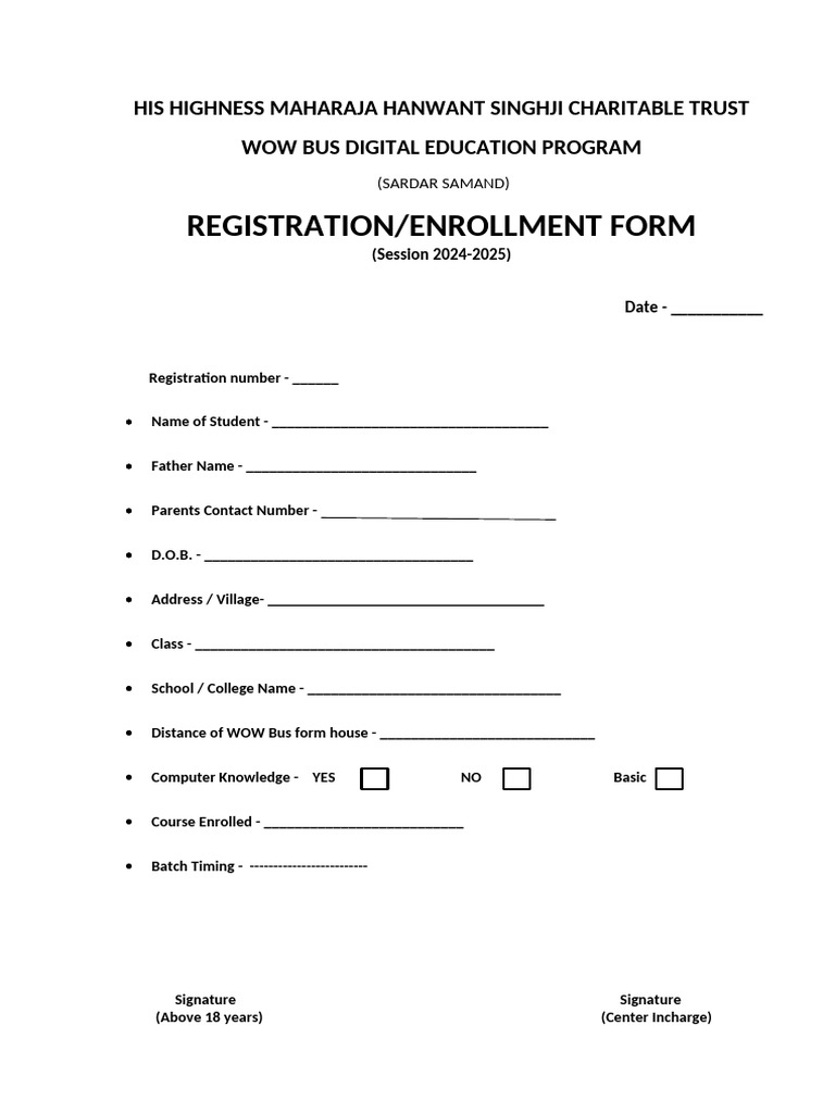 WOW Bus Enrollment Form 2024-25 | PDF