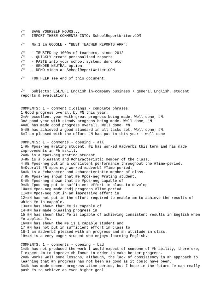 Teacher Report Comments Template | PDF | Vocabulary | English Language