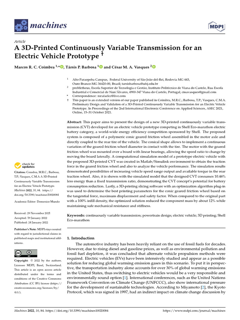 A 3D-Printed Continuously Variable Transmission For An Electric Vehicle ...