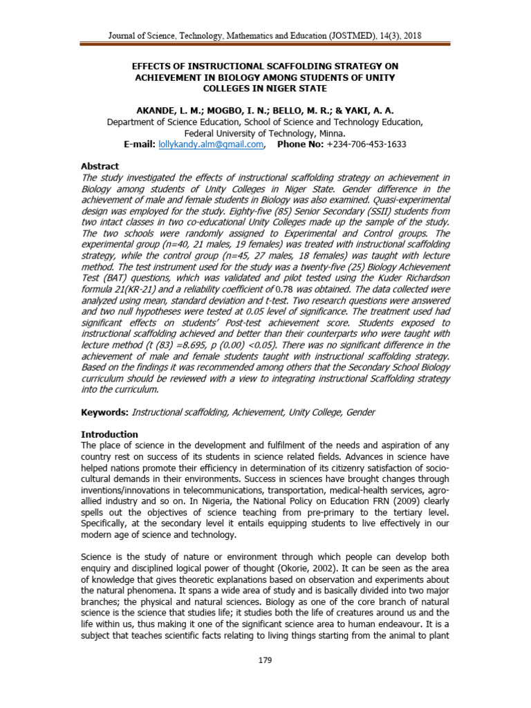 Effects of Instructional Scaffolding Strategy On Achievement in Biology ...