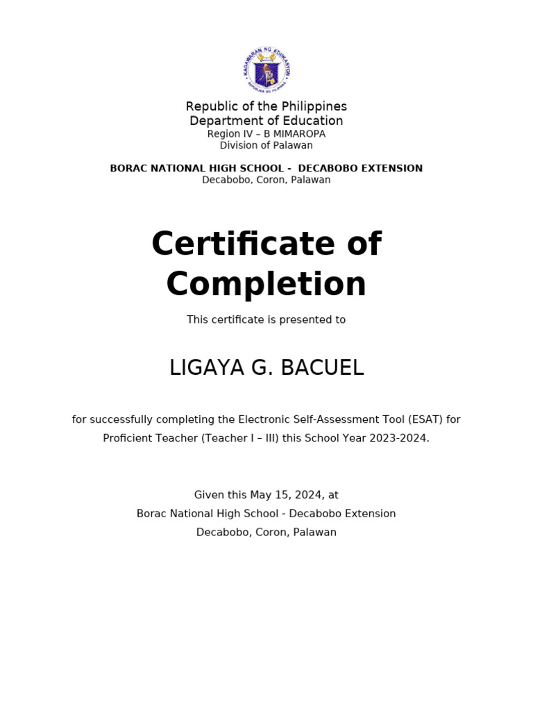 Certificate of Completion for ESAT 2024 | PDF