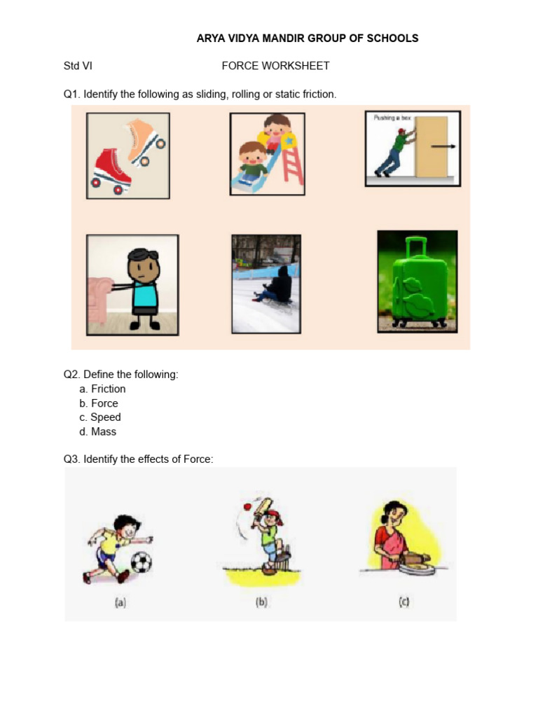 Force Worksheet for Std VI Students | PDF