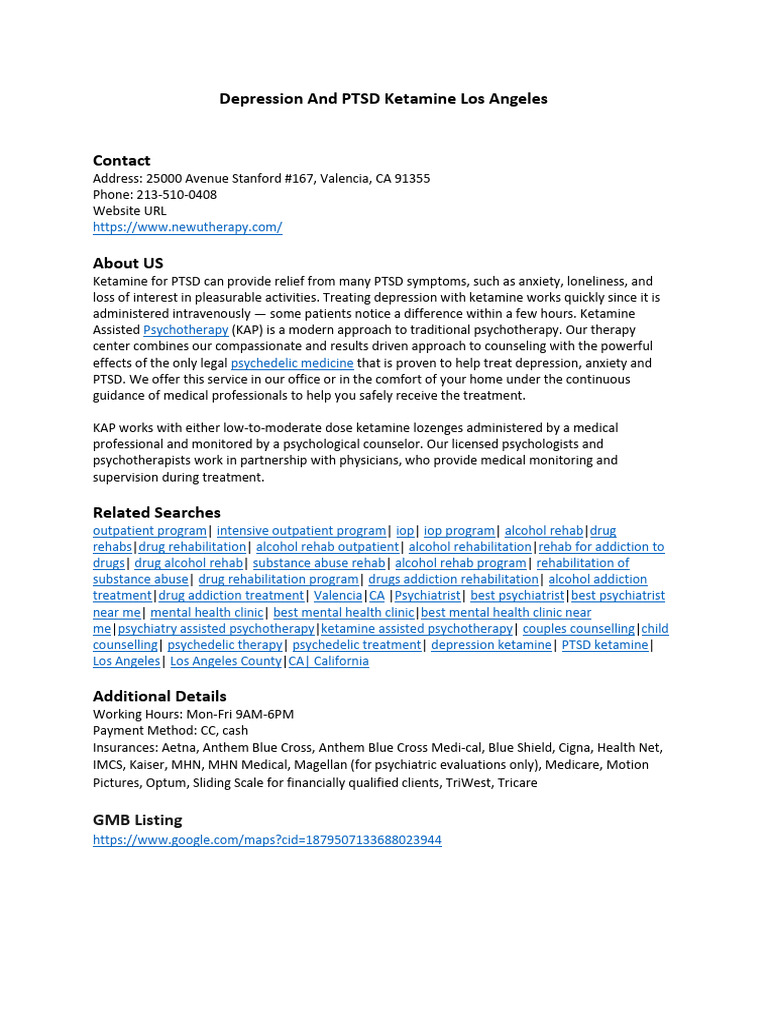 Ketamine Therapy for PTSD & Depression | PDF