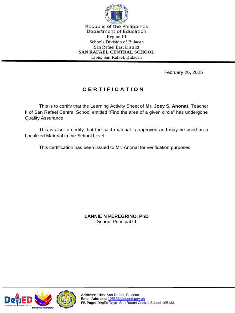 Certification for Math Learning Activity Sheet | PDF