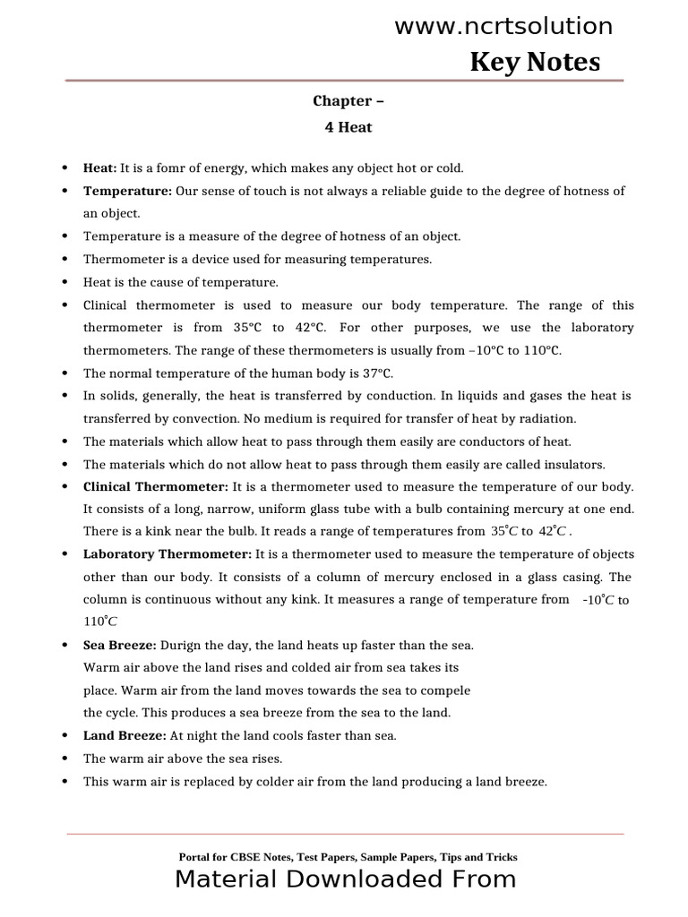 07 Science Key Notes Ch04 Heat Pdf Thermometer Heat Transfer
