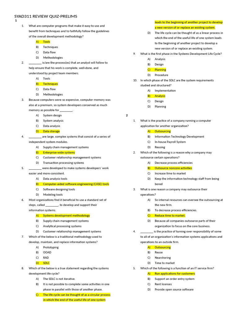 SYAD311 Prelims Review Quiz Guide | PDF | Software Development Process ...
