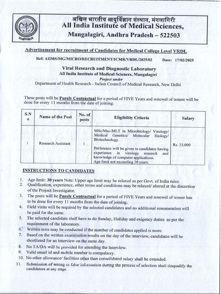 Notification For Aiims Research Assistant Vacancy 67b5529c870a088558404 ...