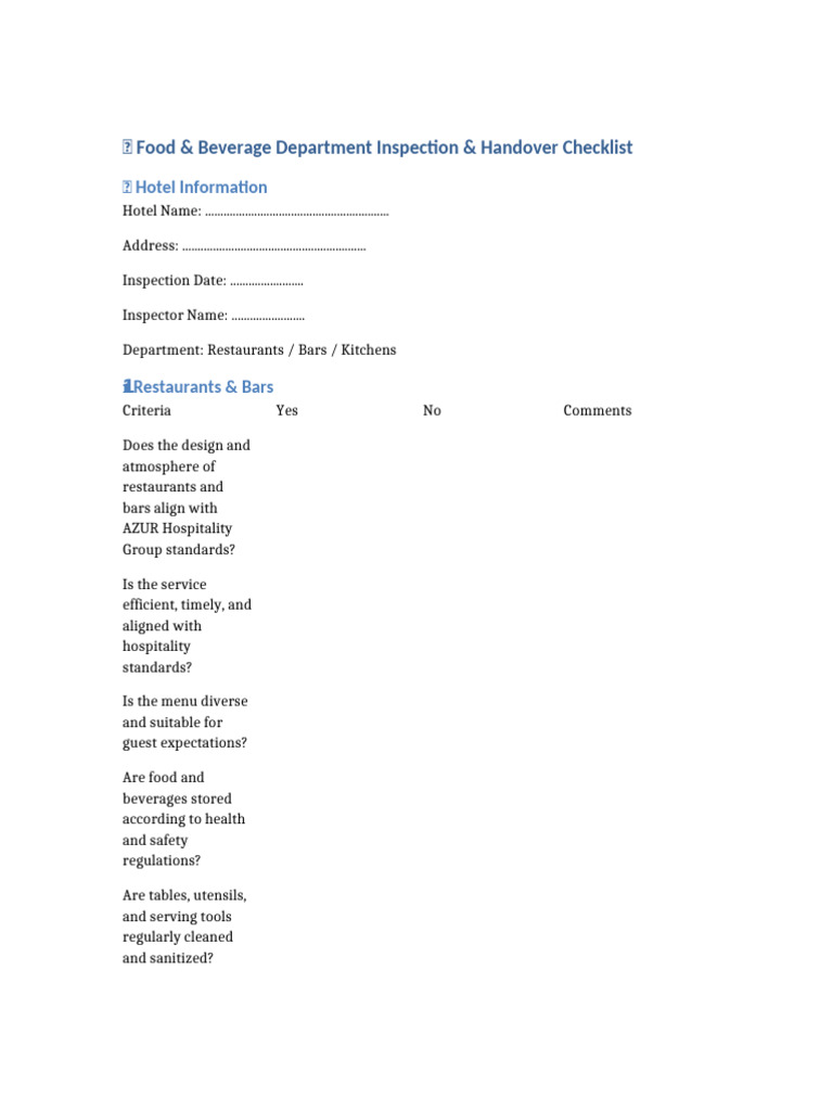 Food & Beverage Inspection Checklist | PDF | Kitchen | Restaurants