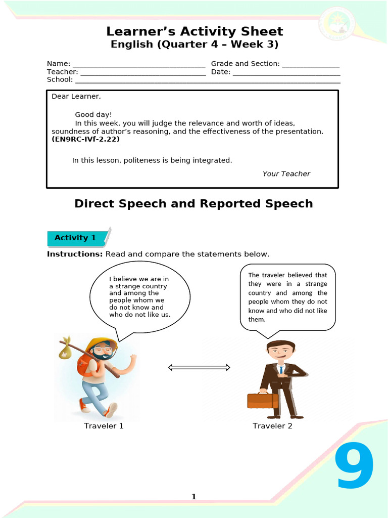 Direct and Reported Speech Activities | PDF | Sentence (Linguistics ...