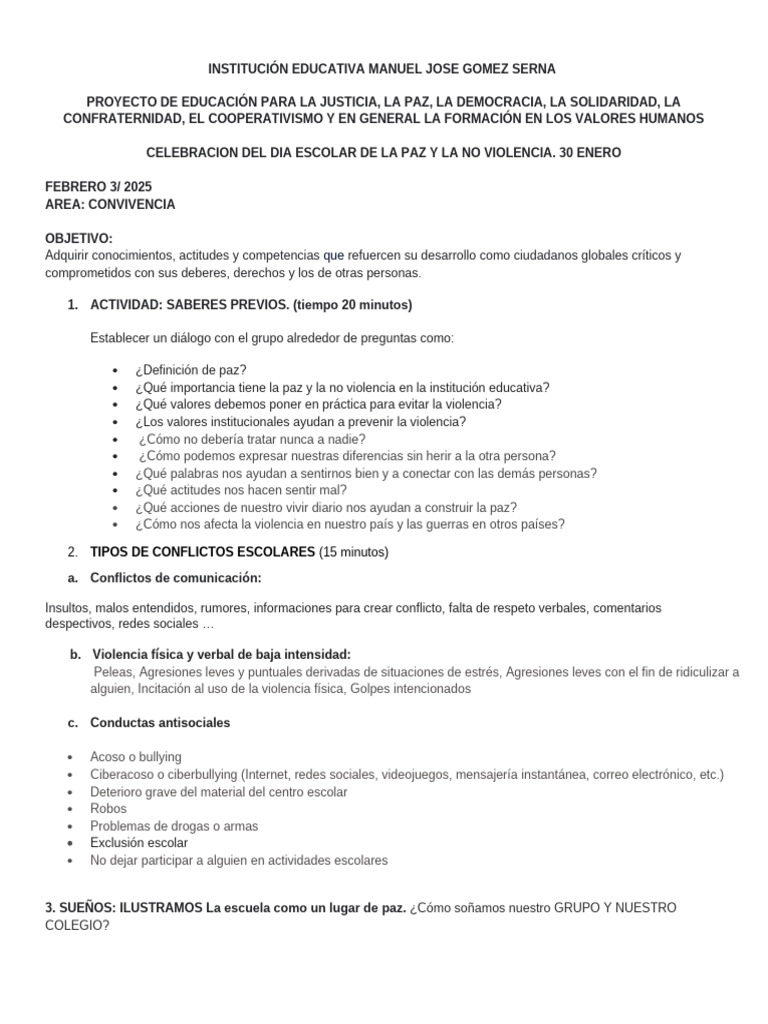 Promoviendo la Paz Escolar y No Violencia | PDF