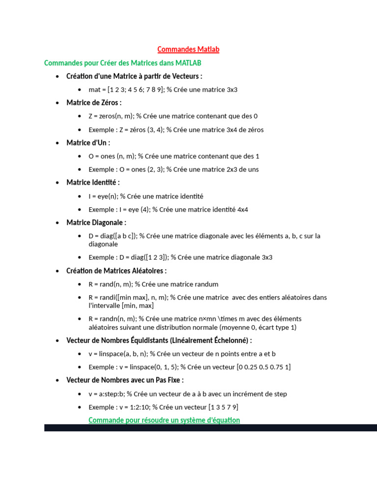 Commandes MATLAB pour Créer des Matrices | PDF