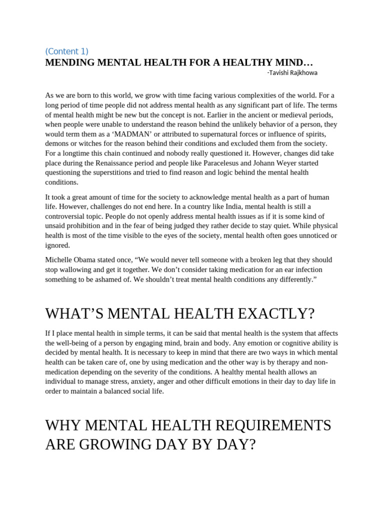 Mending Mental Health For Healthy Mind | PDF | Mental Health | Mind