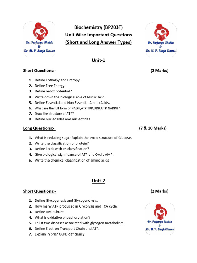Biochemistry Important Questions Guide | PDF | Enzyme | Biosynthesis