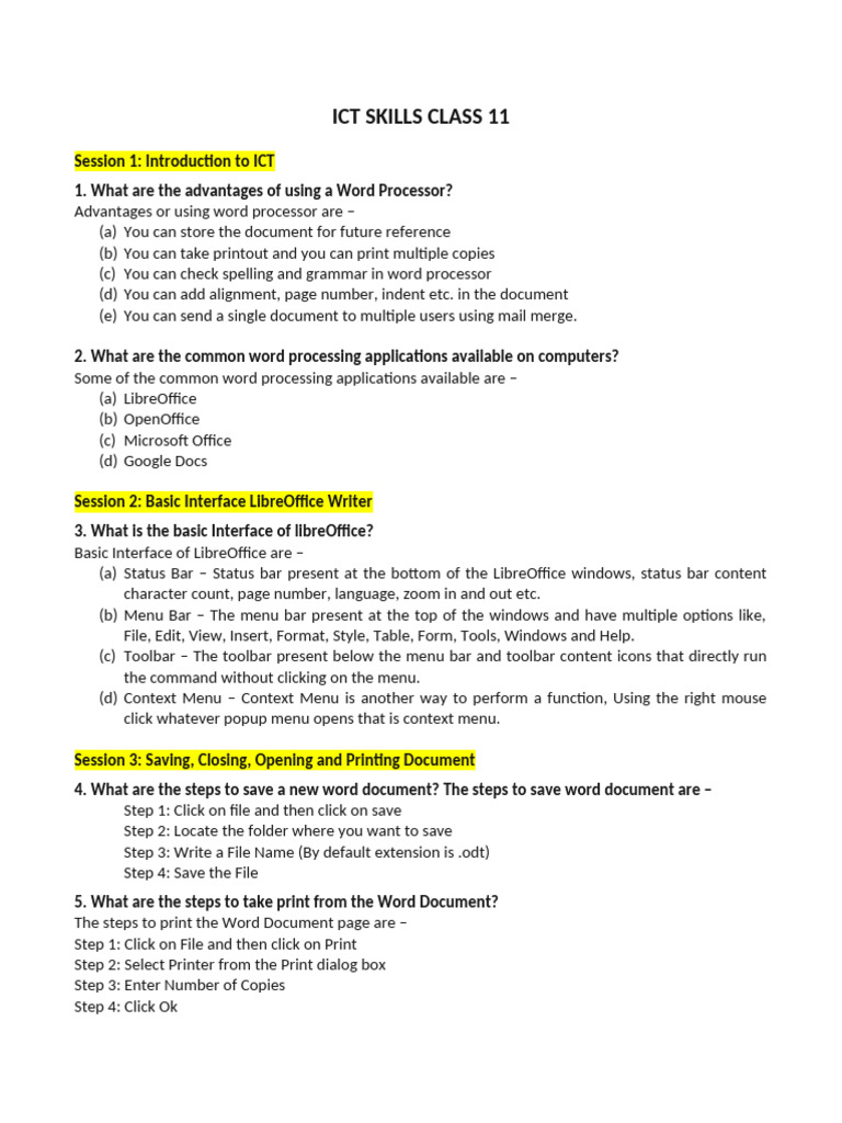 Ict Skills For Class 11 Word Processing Pdf Microsoft Word