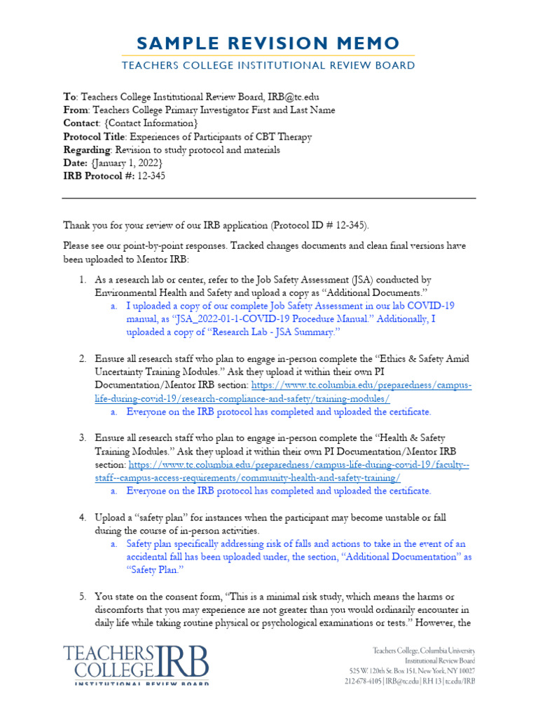 Sample-Revision-Memo 2022 TC IRB | PDF | Institutional Review Board ...
