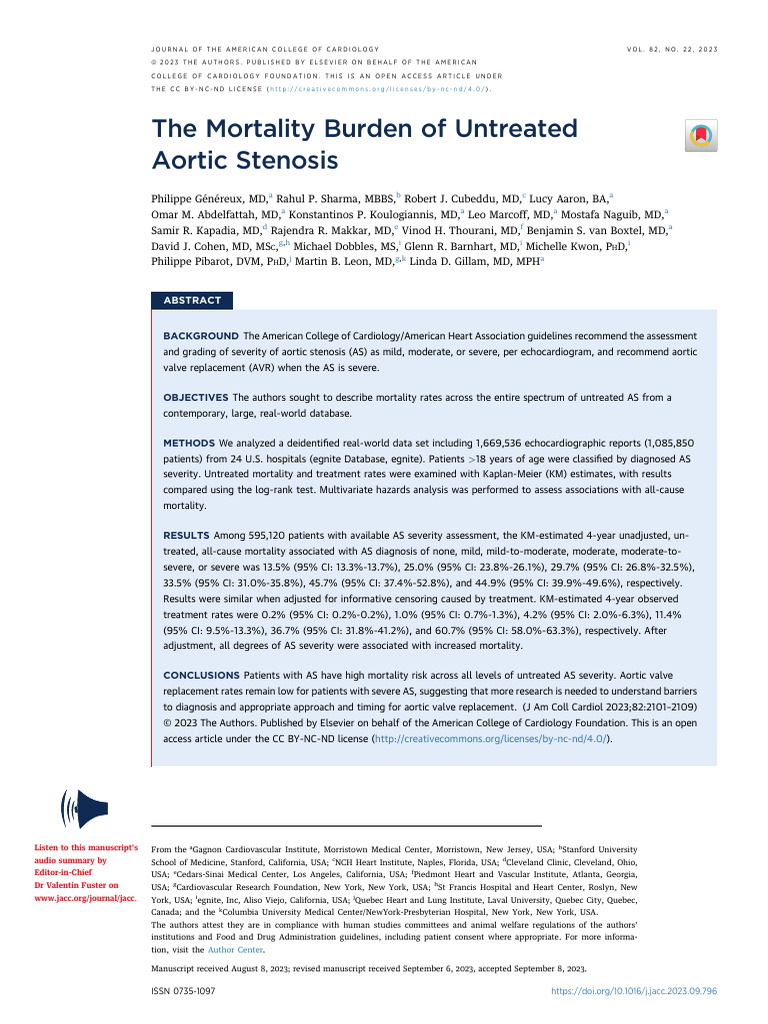 Généreux Et Al 2023 The Mortality Burden of Untreated Aortic Stenosis ...