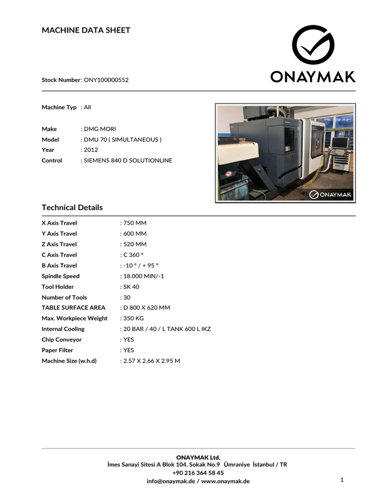 DMG MORI DMU 70 Machine Specifications | PDF