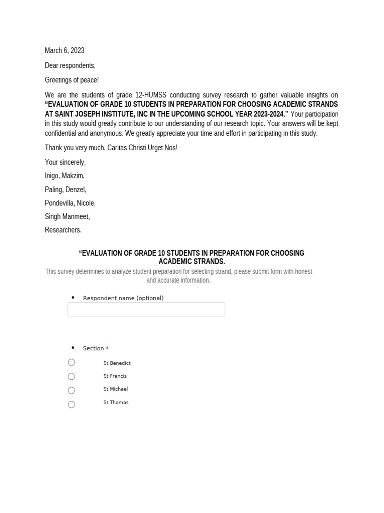 Cover Letter and Questionnaire | PDF