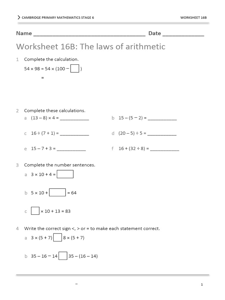 Arithmetic Laws Worksheet for Stage 6 | PDF