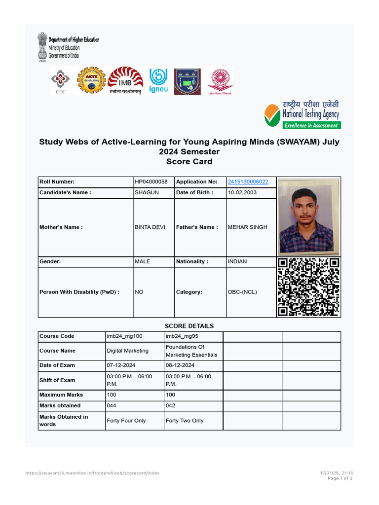 SWAYAM July 2024 Score Card Details | PDF