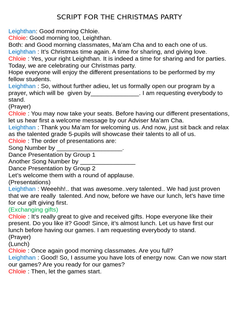 Christmas Party Script for Students | PDF
