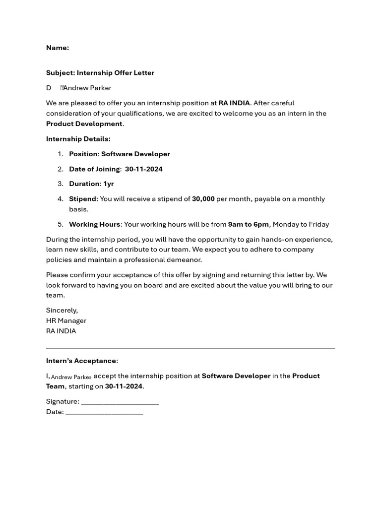 Internship Offer for Software Developer | PDF