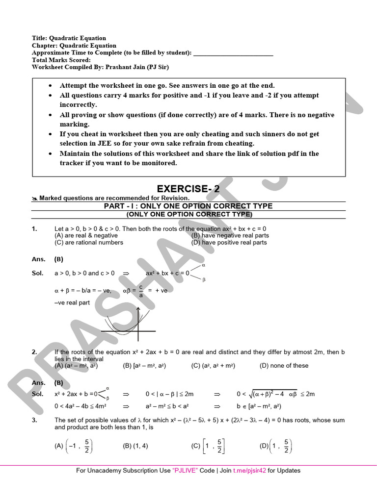 Unacademy Quadratic Equation Worksheet | PDF | Quadratic Equation ...