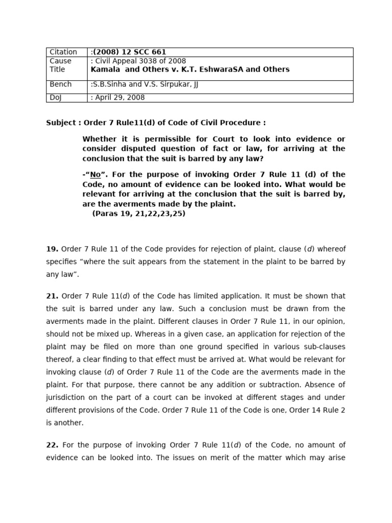 Order 7 Rule 11(d) Explained | PDF | Lawsuit | Jurisdiction