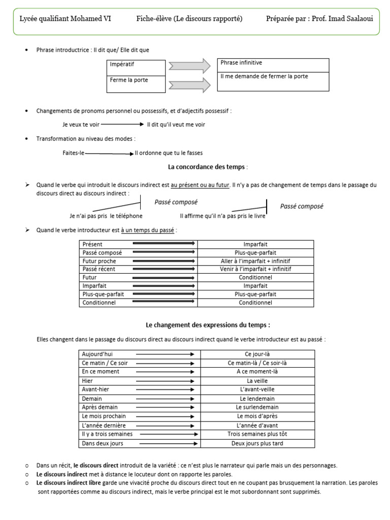 Discours rapporté en FLE | PDF | Verbe | Phrase