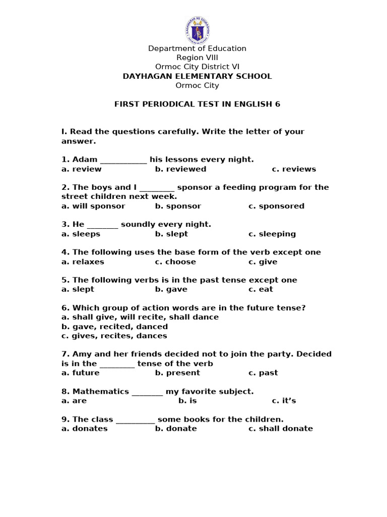 English 6 First Periodical Test | PDF | Verb | Grammatical Tense