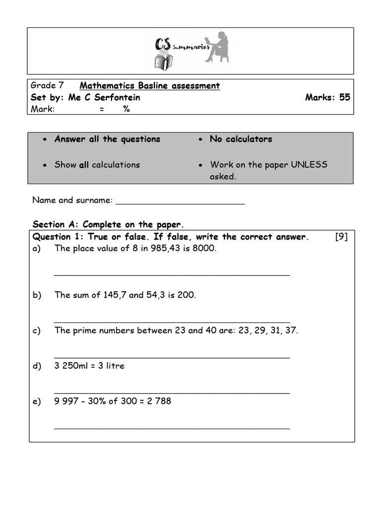 Year 7 Maths Baseline Assessment | PDF