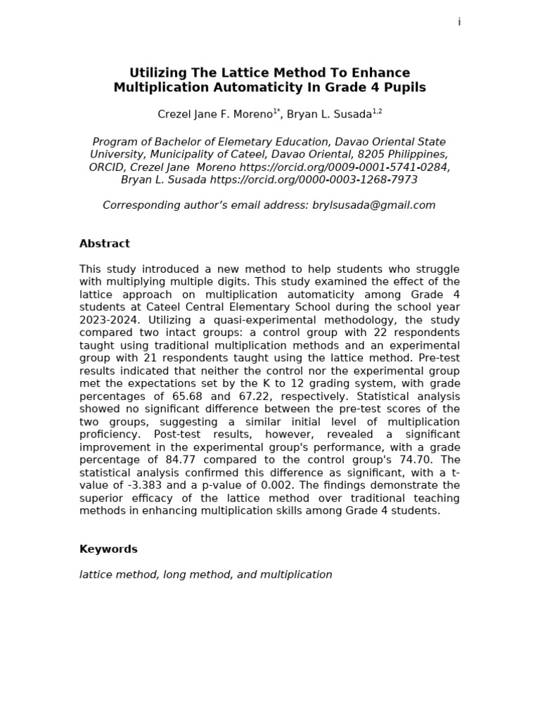 Lattice Method Boosts Grade 4 Multiplication | PDF | Cronbach's Alpha ...