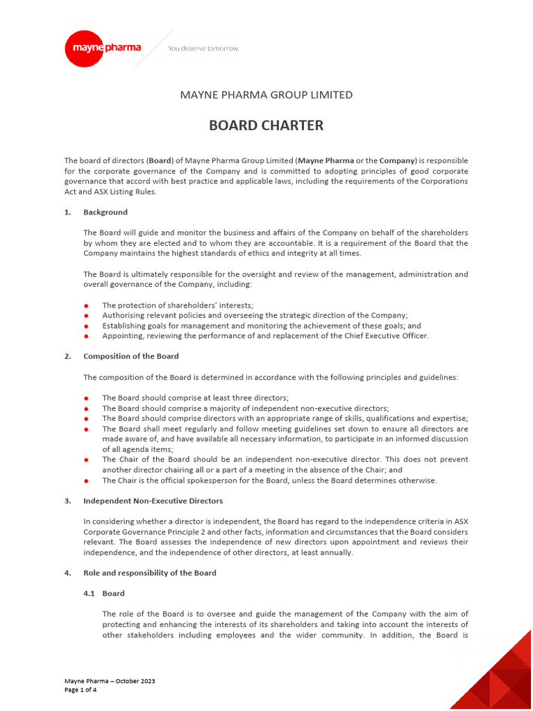 Mayne Pharma Board Governance Charter | PDF | Governance | Committee