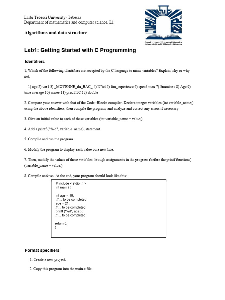 C Programming Lab: Identifiers & Variables | PDF