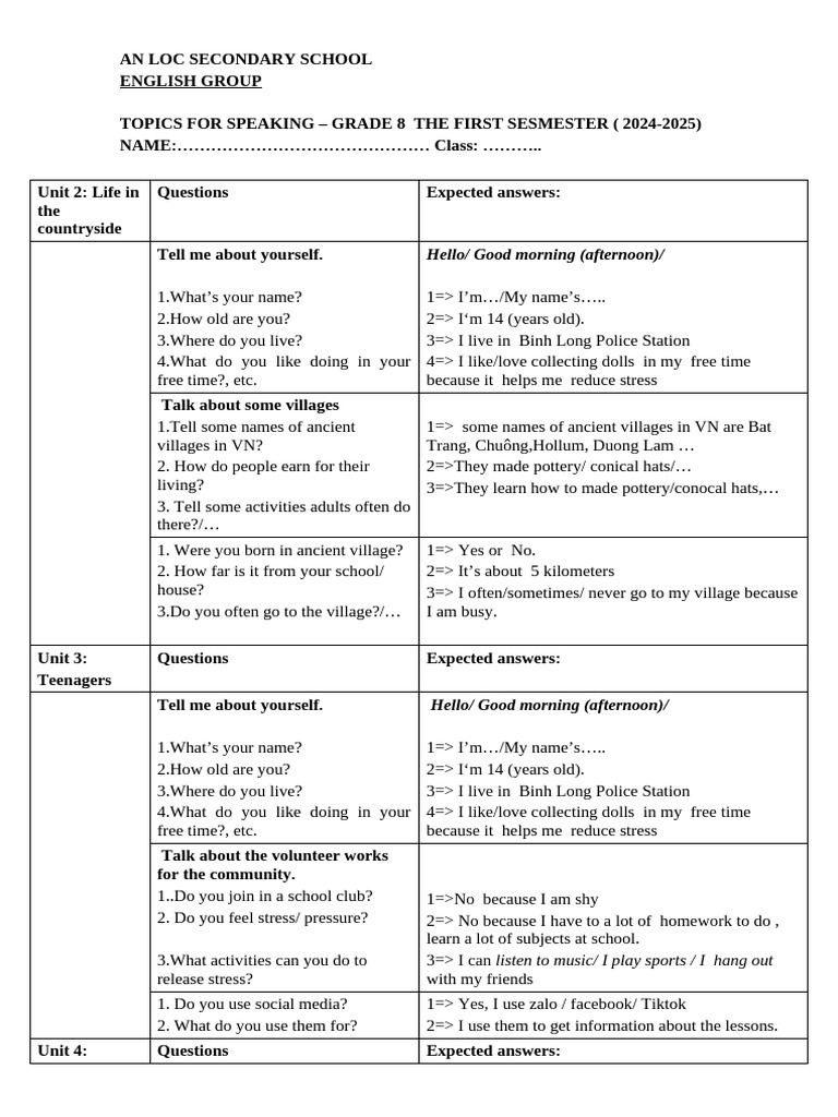 Grade 8 Speaking Topics for English | PDF | Vietnam