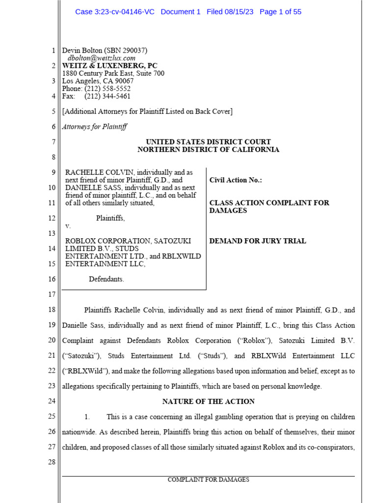 Roblox Class Action: Child Gambling Claims | PDF | Gambling | Cash