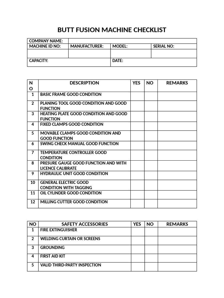 Butt Fusion Machine Inspection Checklist | PDF