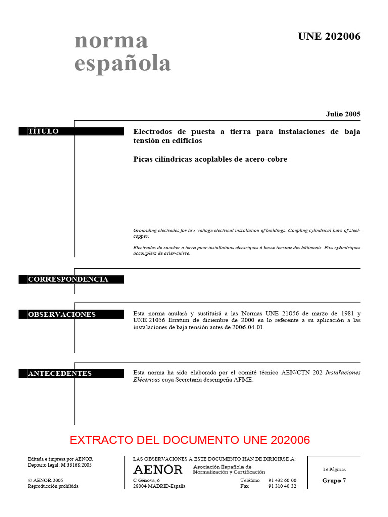 Electrodos de puesta a tierra UNE 202006 | PDF | Cobre | Aleación