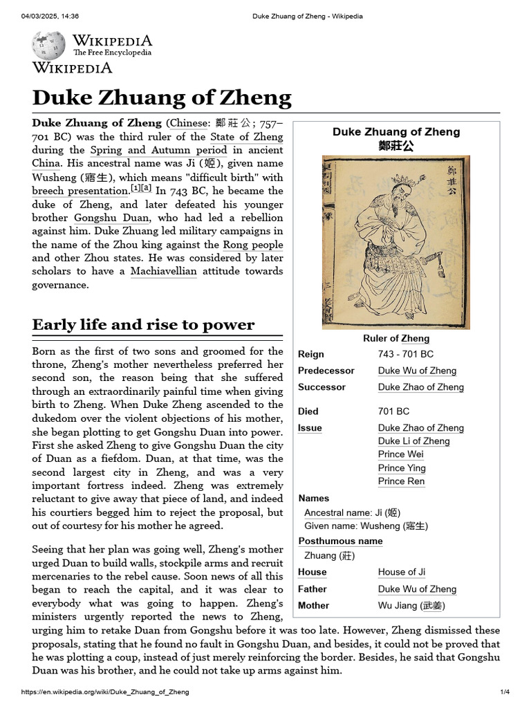 Duke Zhuang of Zheng: Reign and Legacy | PDF | China | World Politics