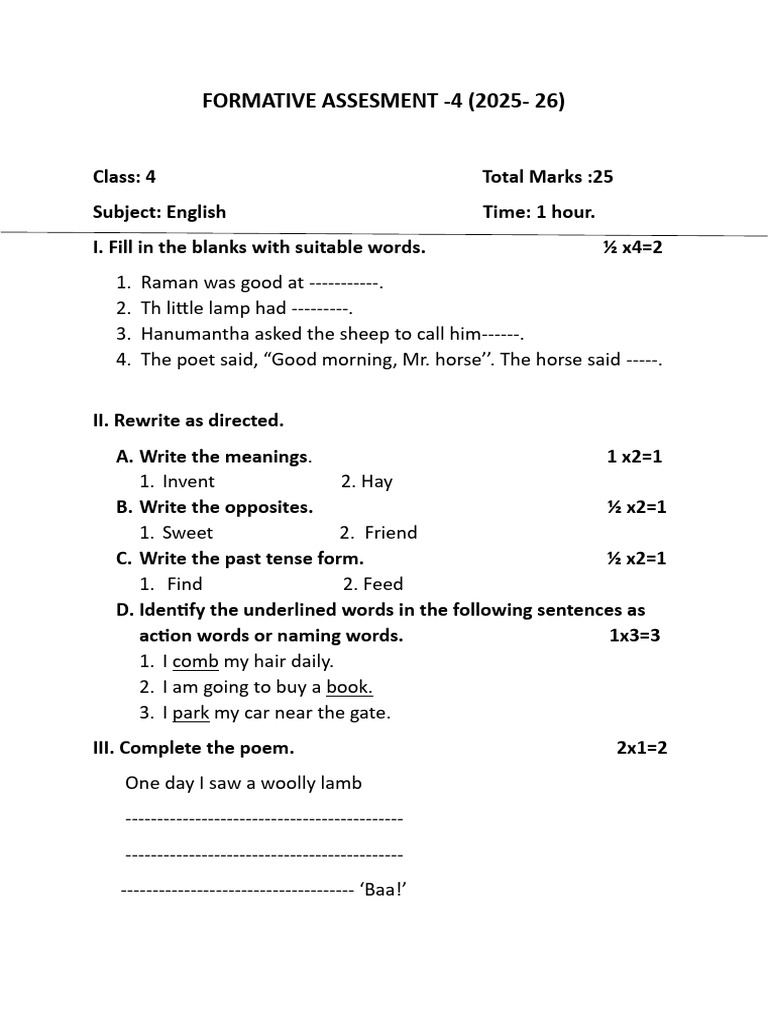 Class 4 English Formative Assessment 2025 | PDF