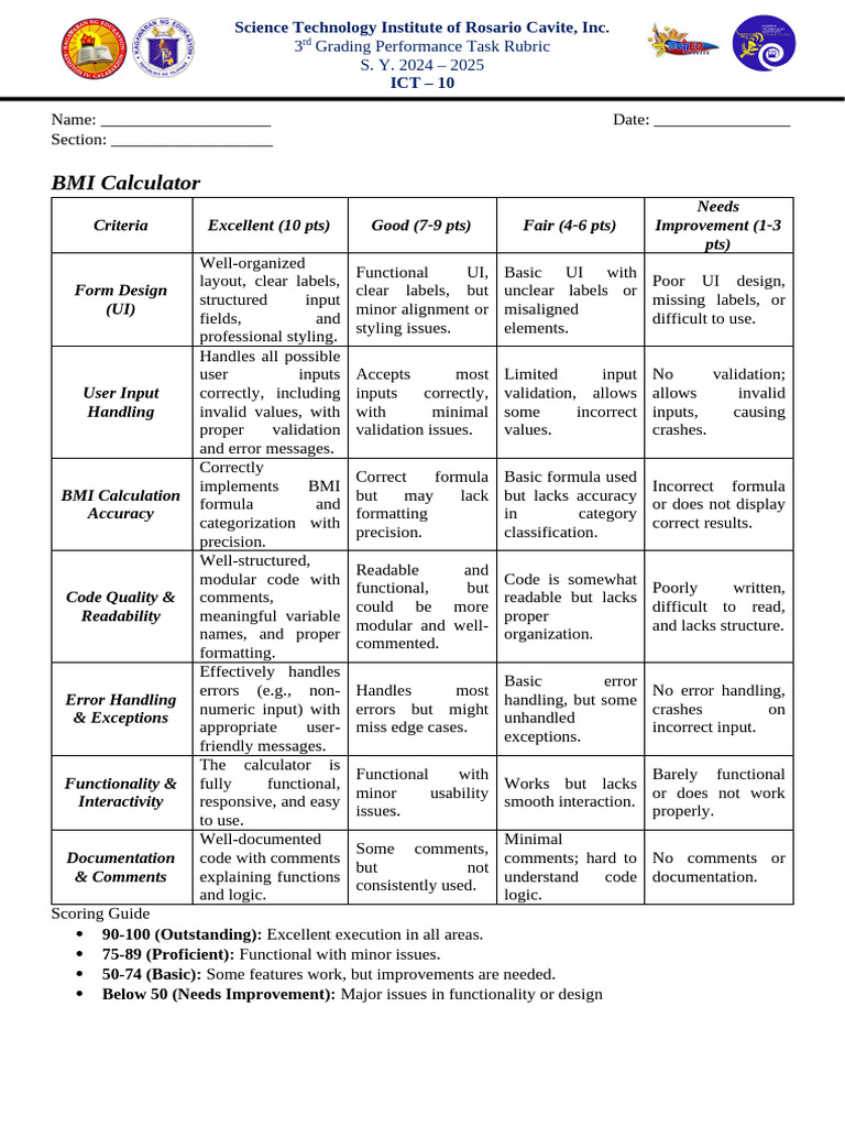 3rd Grading Performance Task Rubric | PDF | User Interface | Accuracy ...