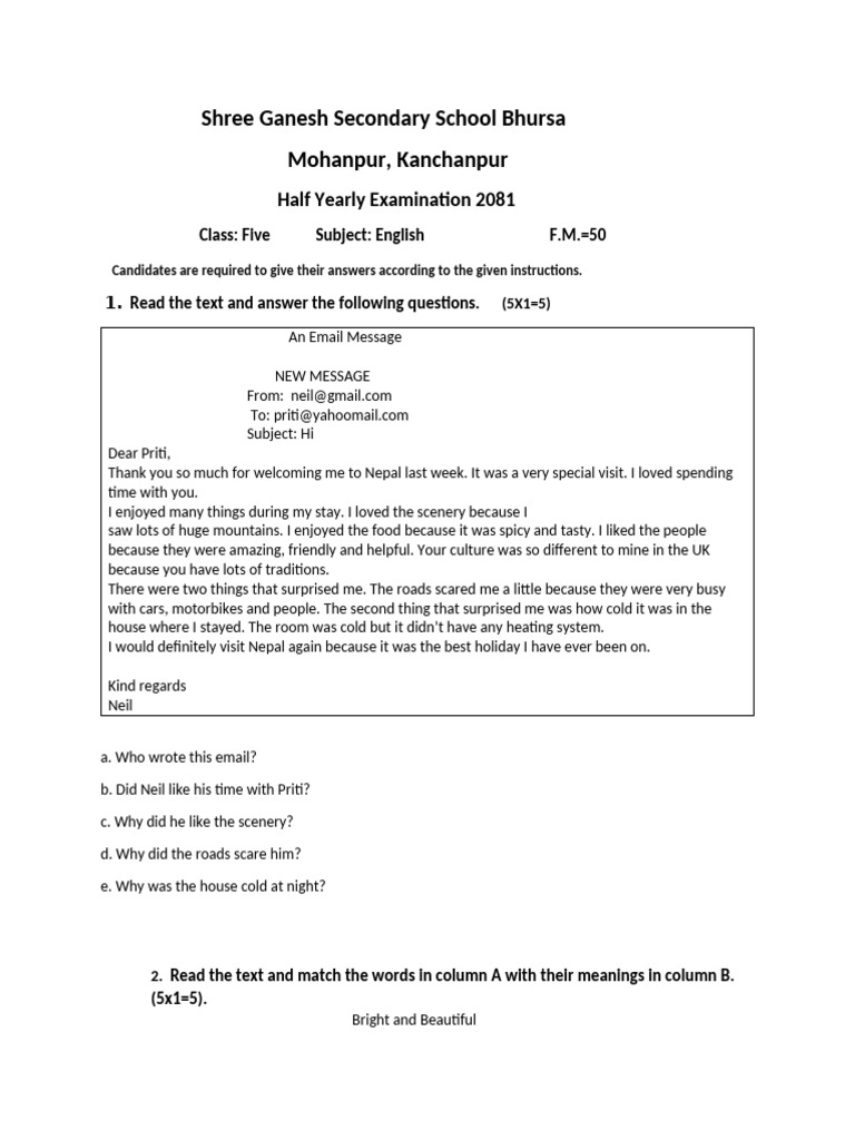 Class 5 English Half Yearly Exam 2081 | PDF