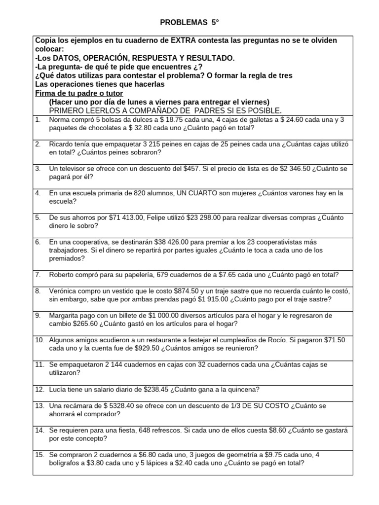 Problemas de Matemáticas para 5° Grado | PDF | Litro