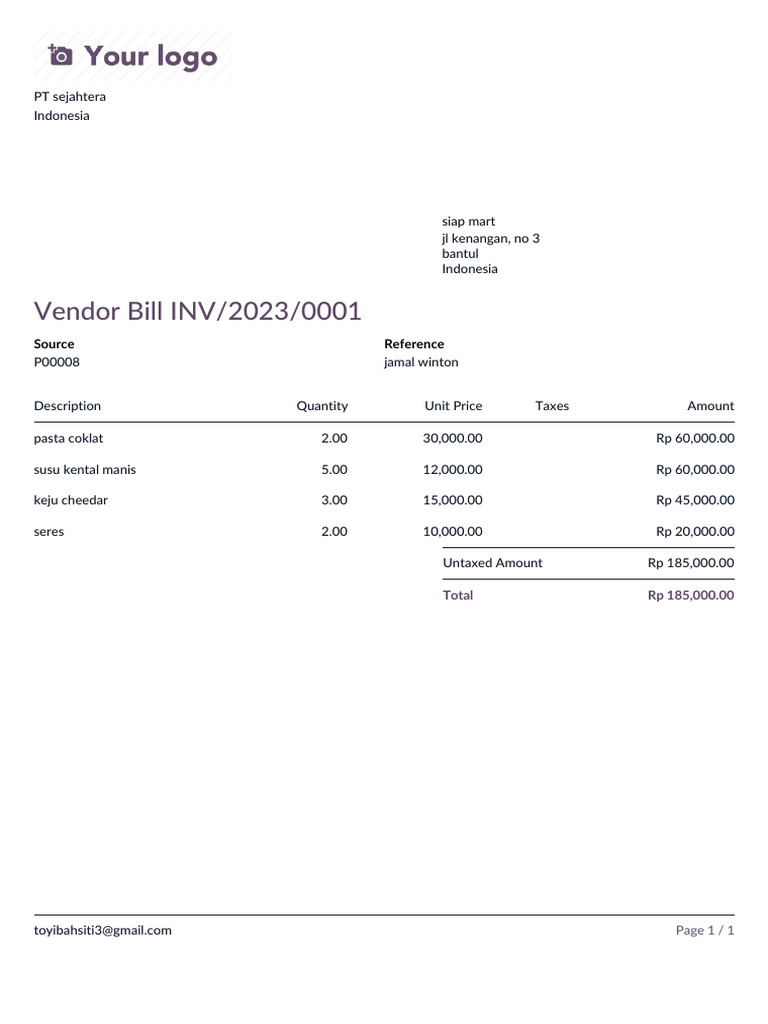 Vendor Bill Summary for PT Sejahtera | PDF